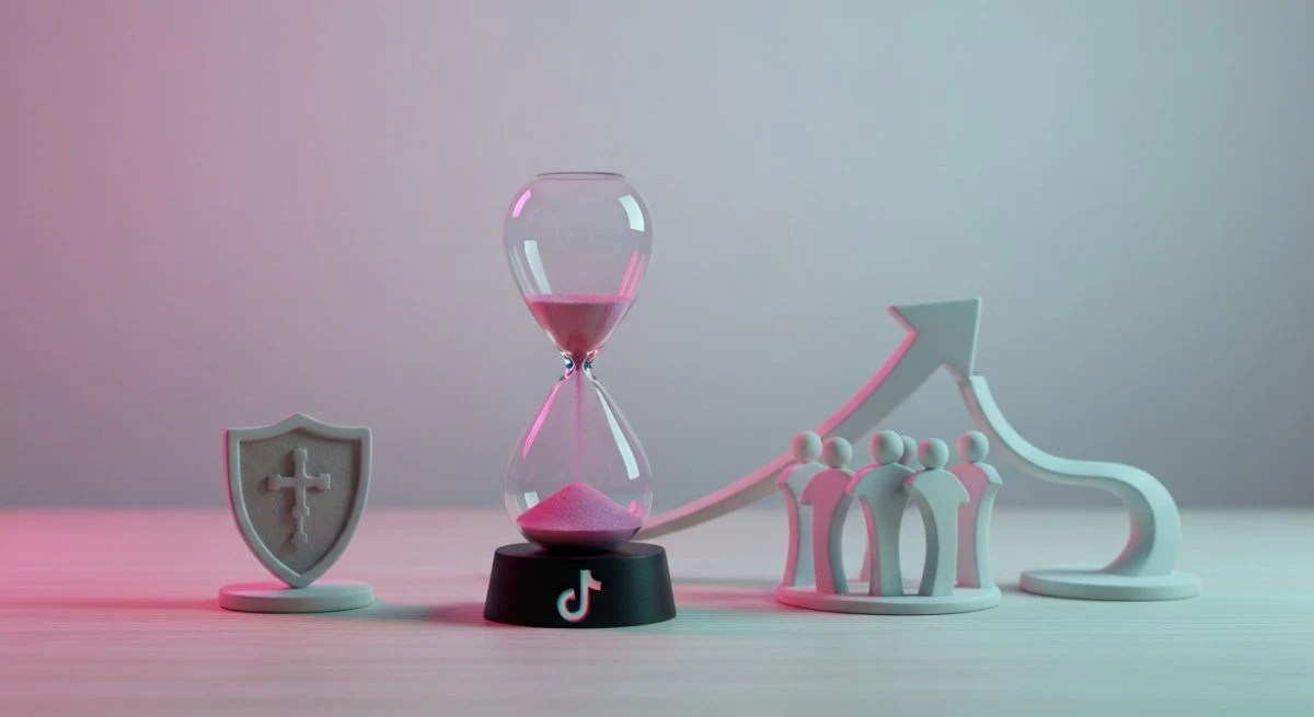 Reloj de arena rosa en escritorio minimalista con logo TikTok