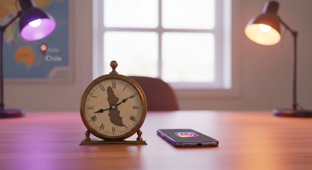 Reloj de latón con silueta de Chile y teléfono Instagram