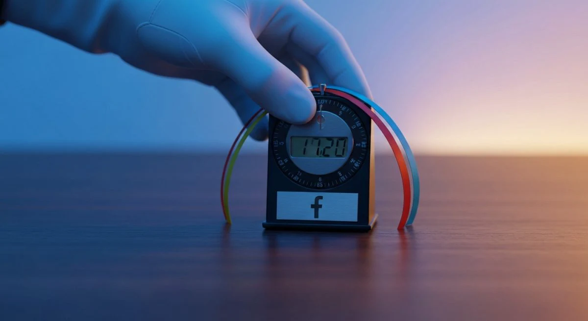 Reloj temporizador mecánico con logo de Facebook y cintas azules