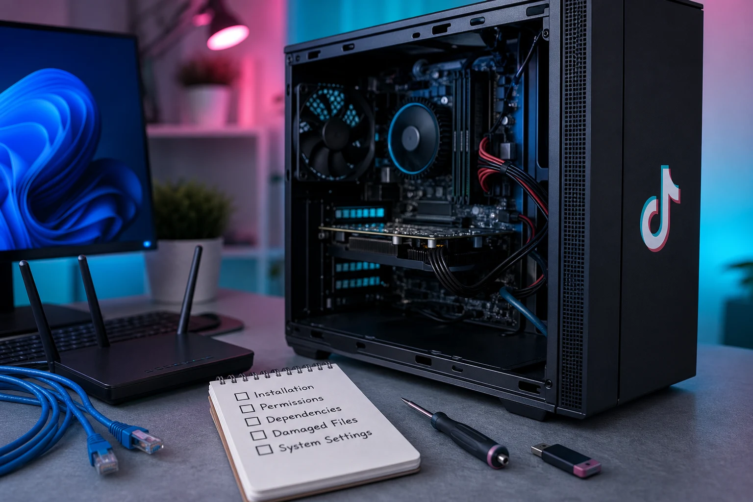 Reparación de computadora Windows 11 con componentes organizados y logo de TikTok