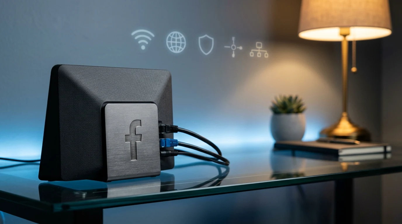 Router moderno con placa Facebook grabada en escritorio de vidrio