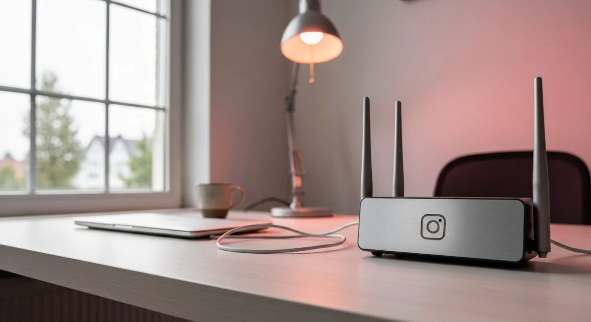 Router wifi con grabado de Instagram en placa metálica derecha