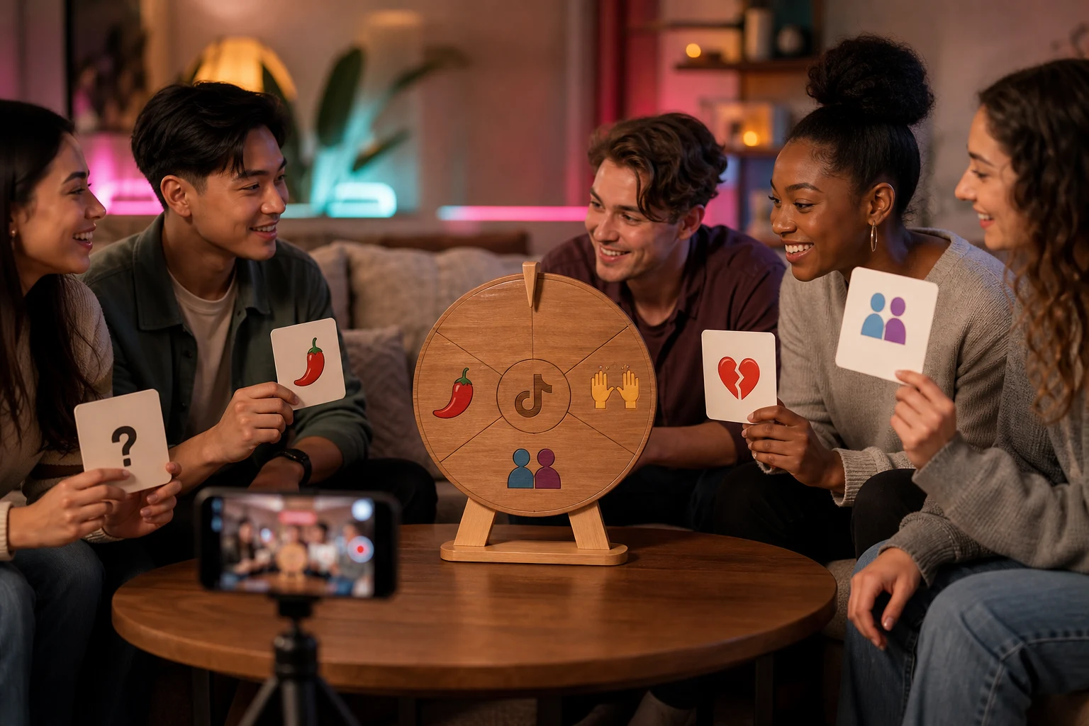 Rueda de preguntas de madera con logo TikTok y amigos
