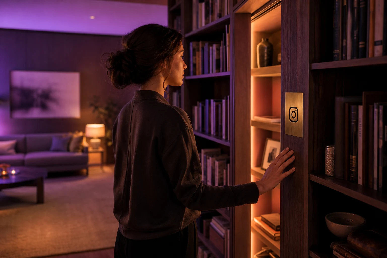 Sala de estar moderna con estantería giratoria y logo Instagram