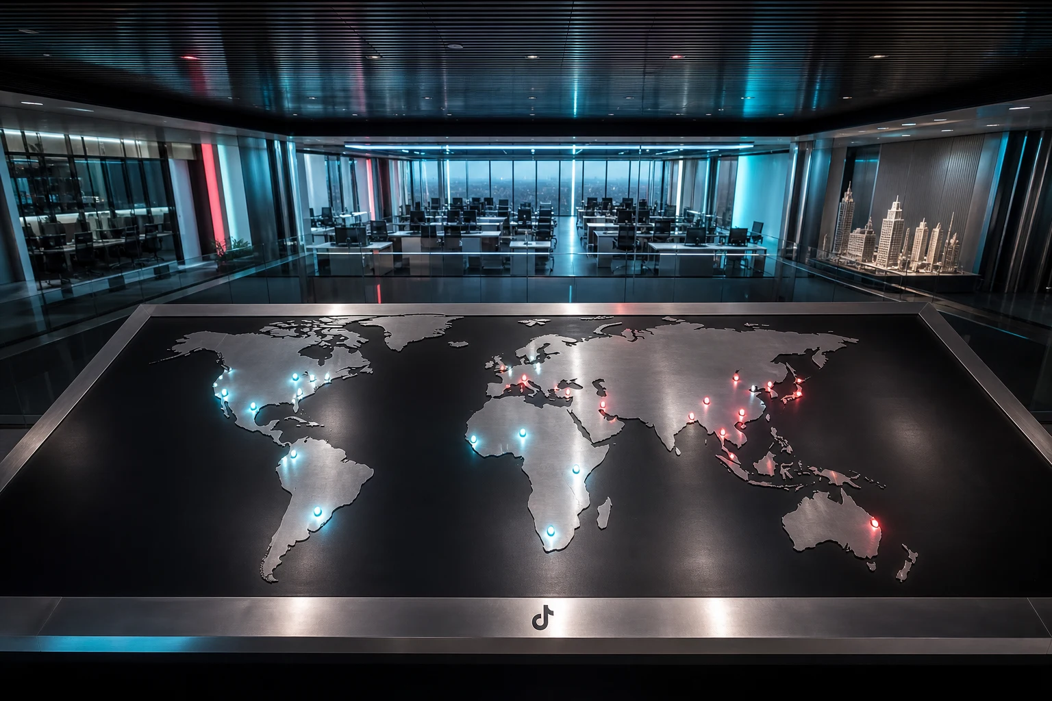 Sala de operaciones globales TikTok con mapa mundial metálico iluminado en oficinas modernas