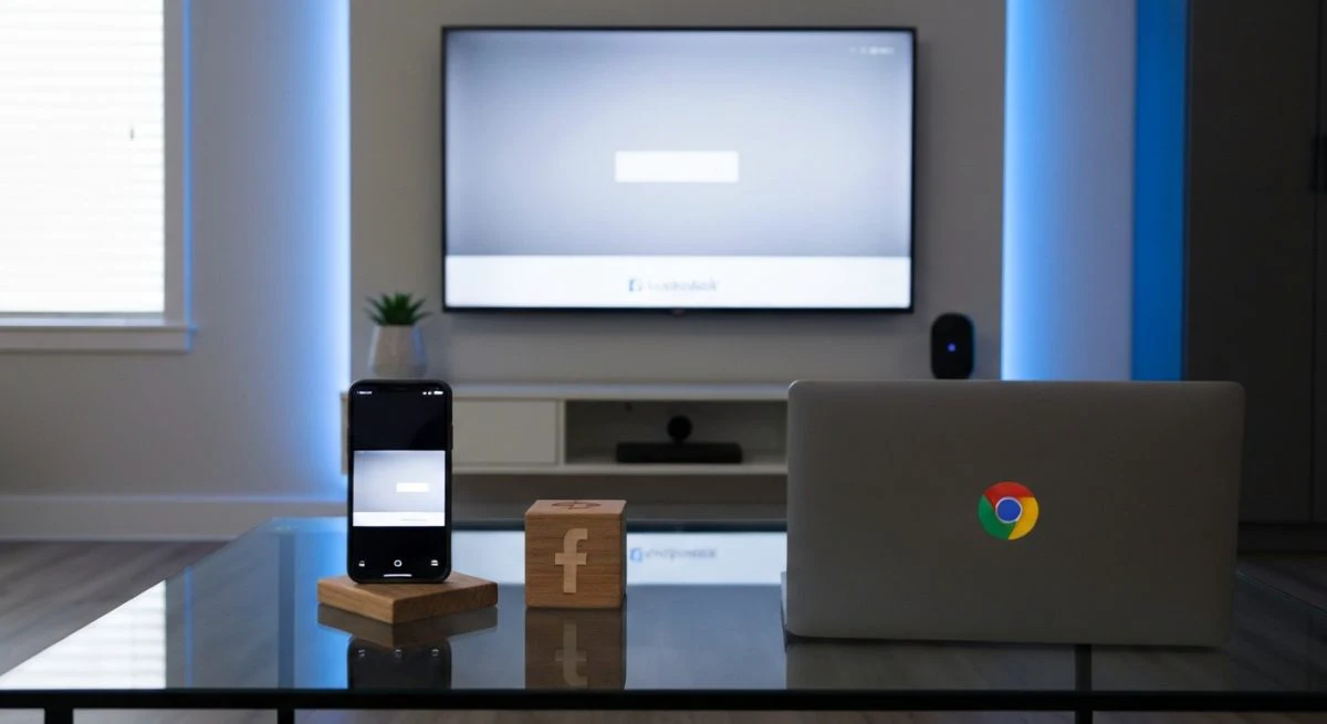 Sala moderna televisor empotrado muestra Facebook Chrome Chromecast tres vías