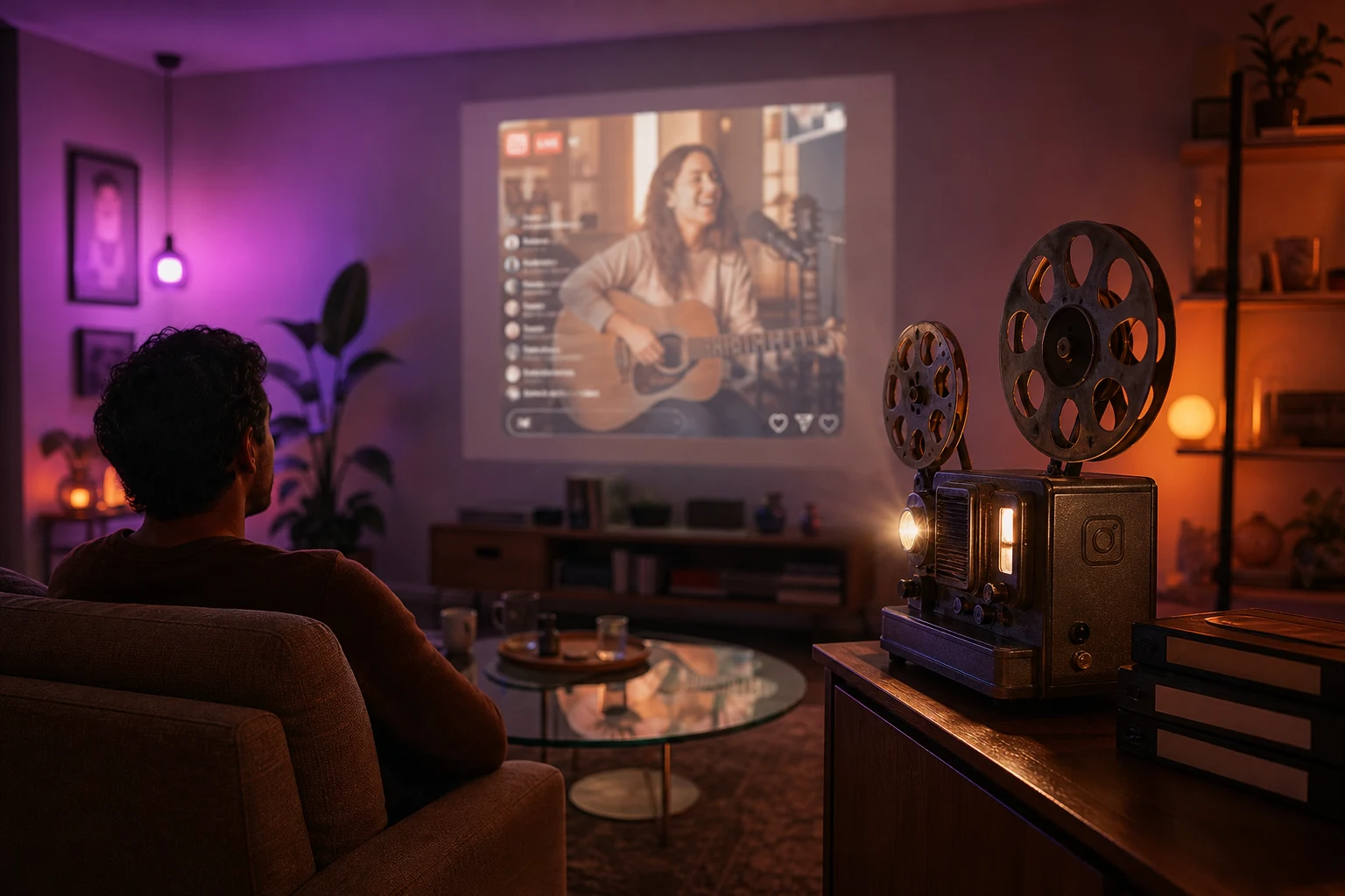 Salón acogedor con proyector vintage mostrando Instagram en la pared