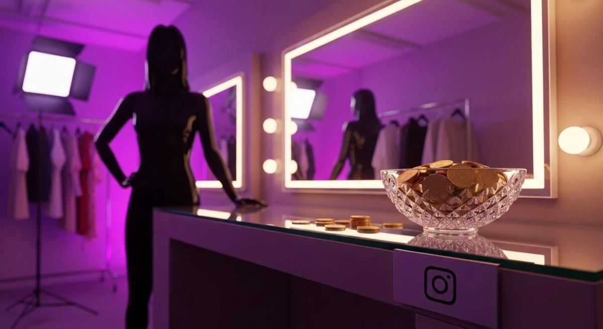 Silueta de estrella pop en camerino lujoso con dinero Instagram