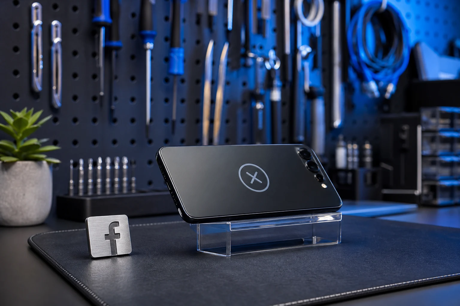 Smartphone Android sobre soporte claro junto logotipo Facebook en cuero