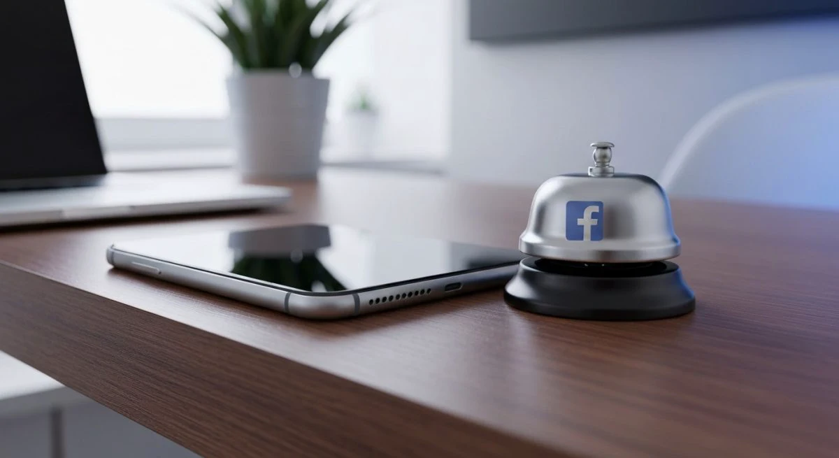 Smartphone boca abajo sobre escritorio de madera con timbre Facebook