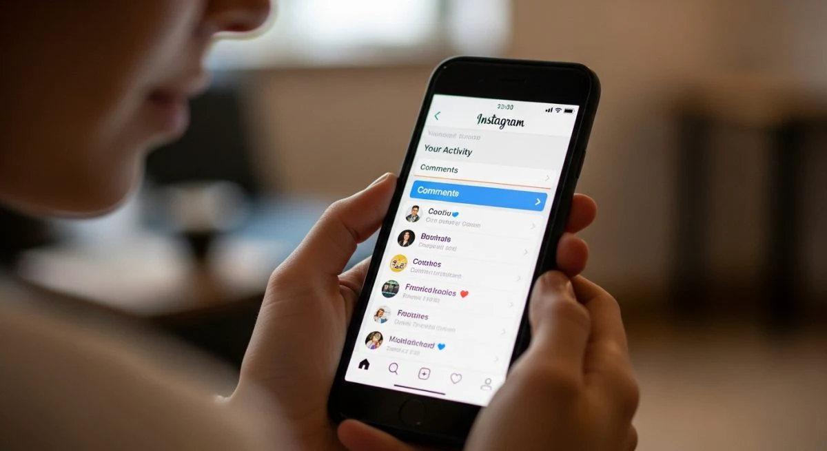 Smartphone con Instagram mostrando comentarios en menú Tu Actividad