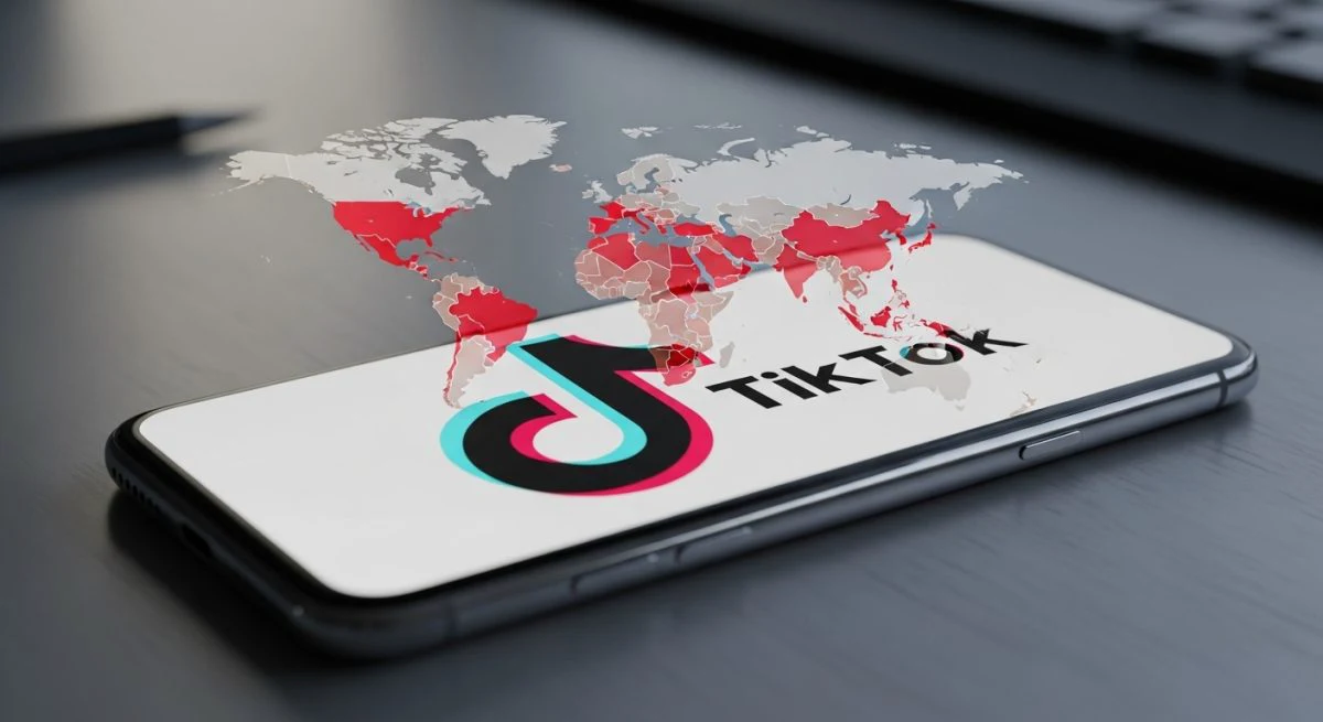 Smartphone con logo de TikTok y mapa del mundo
