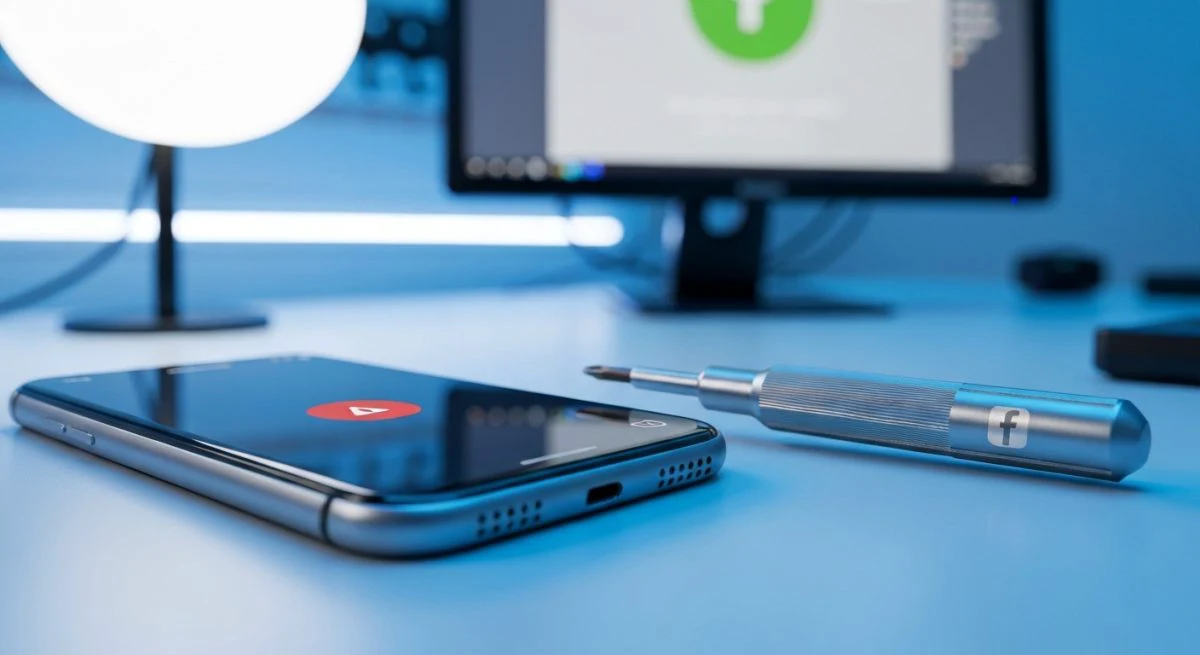 Smartphone en mesa de reparación con destornillador grabado Facebook logotipo