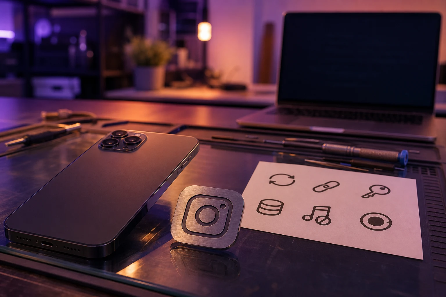 Smartphone frente a insignia Instagram y hoja de iconos