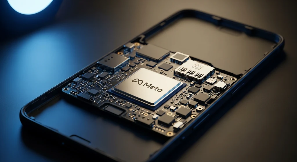 Smartphone moderno con chip grabado logo Meta enfocado detalle macro