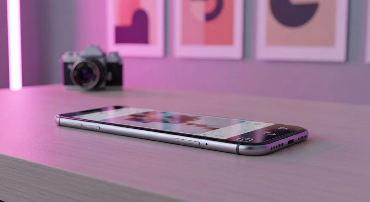 Smartphone moderno con logo Instagram grabado en borde metalico escritorio