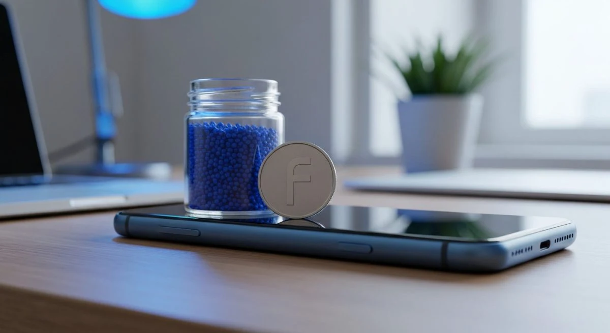 Smartphone moderno sobre escritorio de madera con moneda logo f