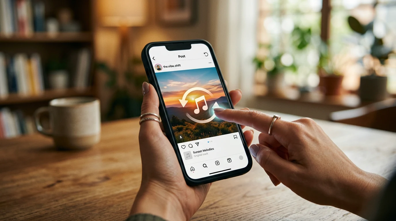 Smartphone mostrando una publicación de Instagram con un ícono de nota musical, representando el cambio de música de una publicación ya subida