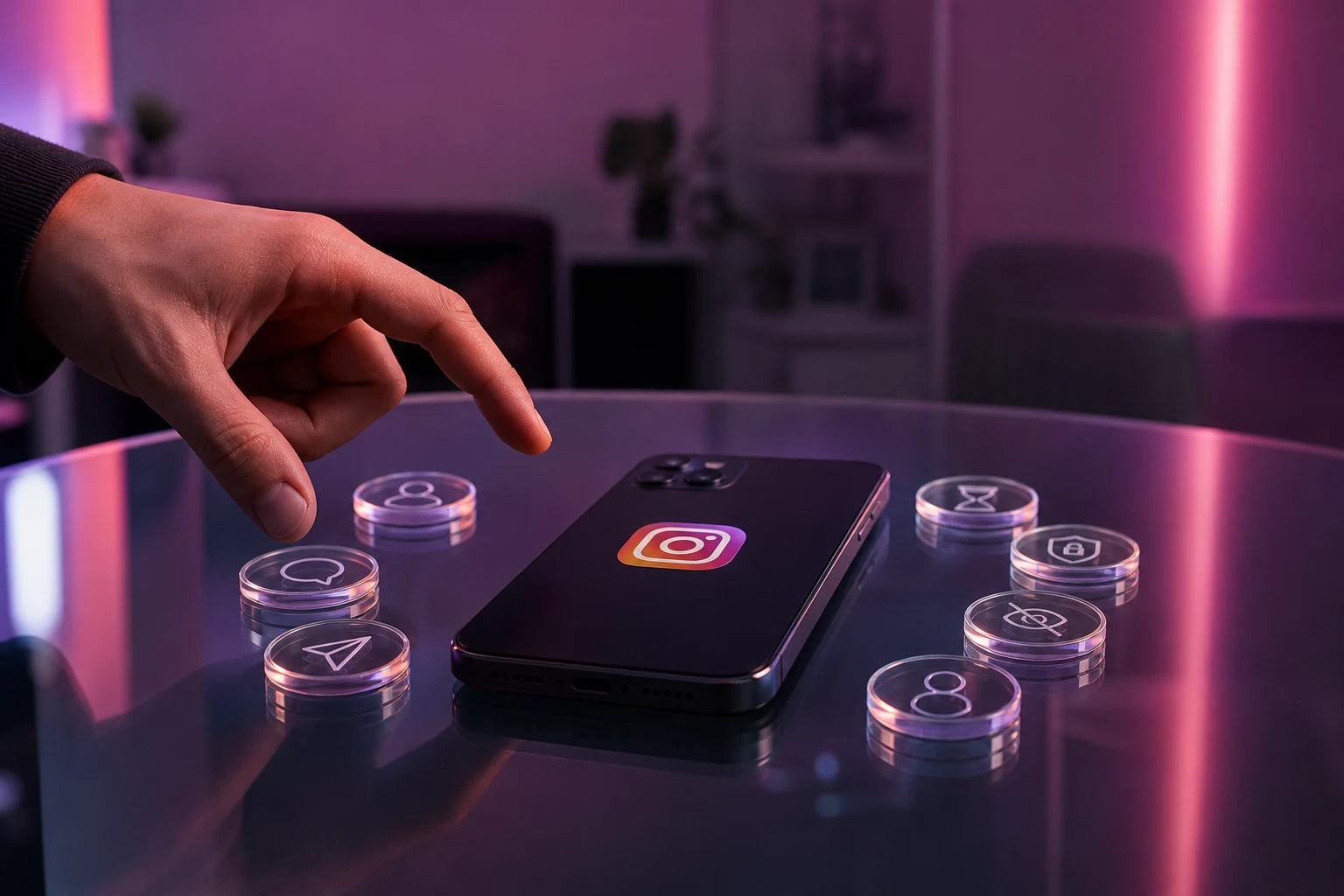 Smartphone sobre escritorio de vidrio con logo Instagram y fichas