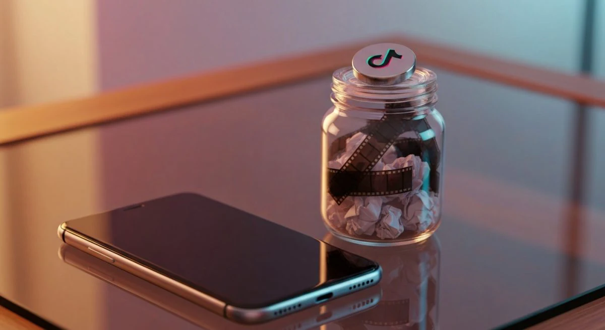 Smartphone sobre escritorio de vidrio junto tarro con tiras TikTok