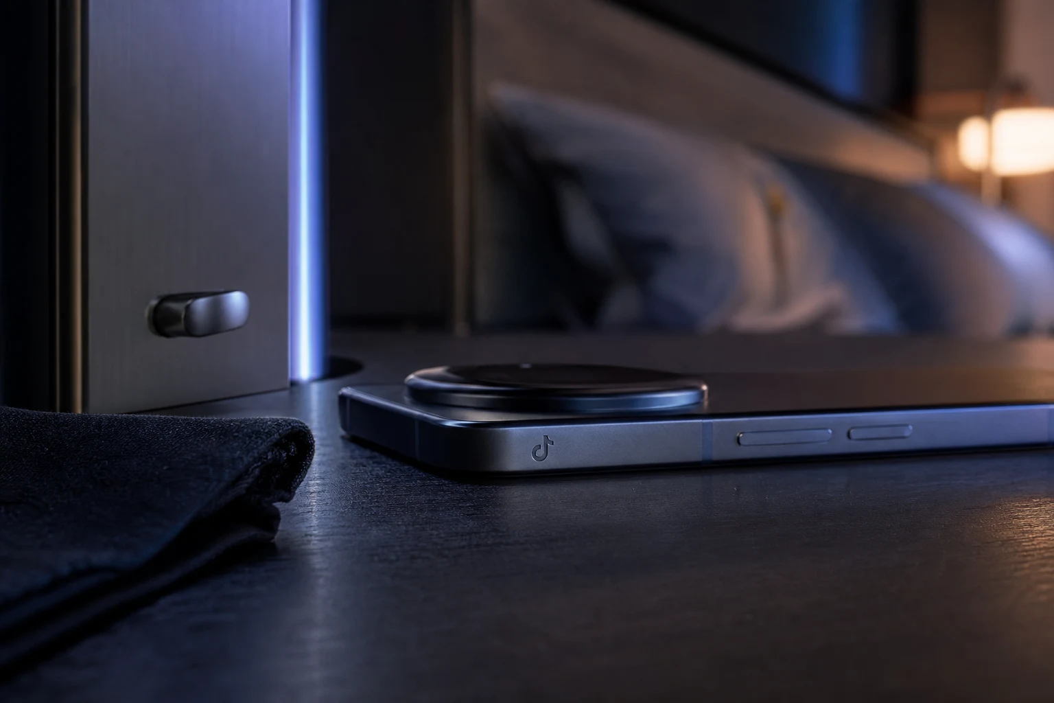 Smartphone Xiaomi con logo TikTok grabado sobre mesa cerámica oscura