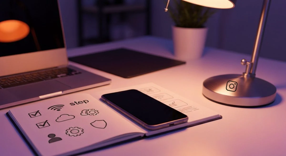 Smartphone y cuaderno en escritorio moderno con iconos y Instagram