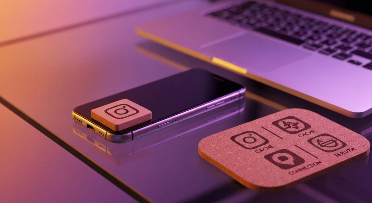 Smartphone y portátil sobre mesa de vidrio con glifo Instagram
