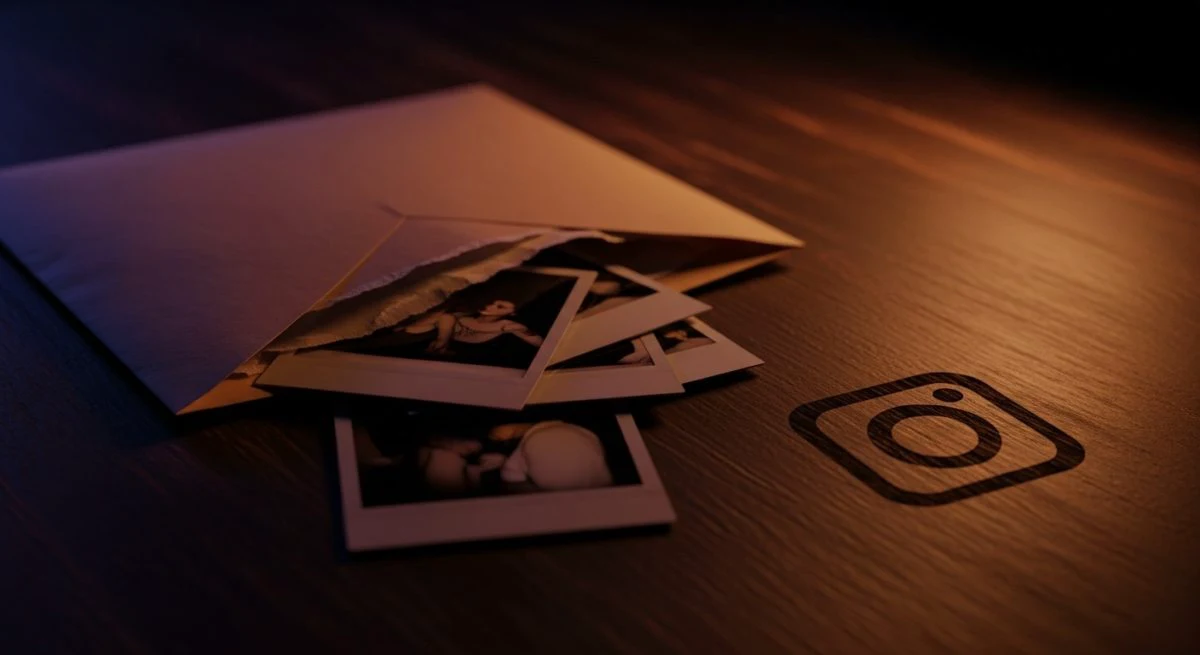 Sobre mesa de madera oscura fotos Polaroid salen de sobre manila y logo de Instagram