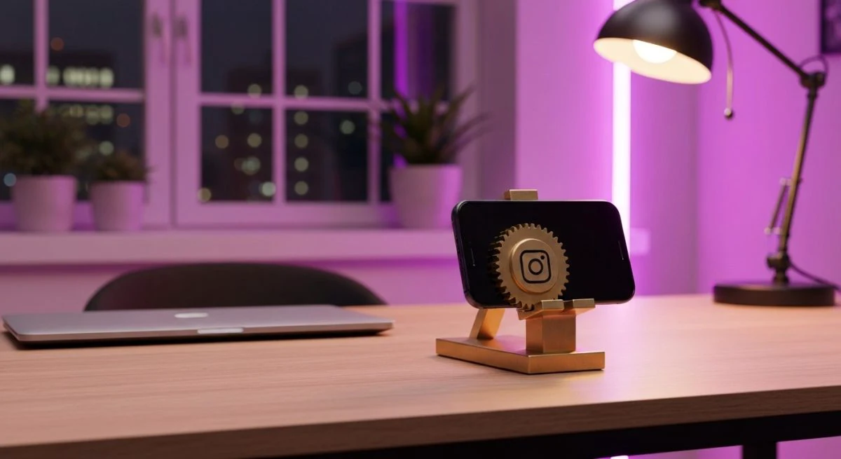 Soporte de bronce con teléfono muestra logo de Instagram integrado