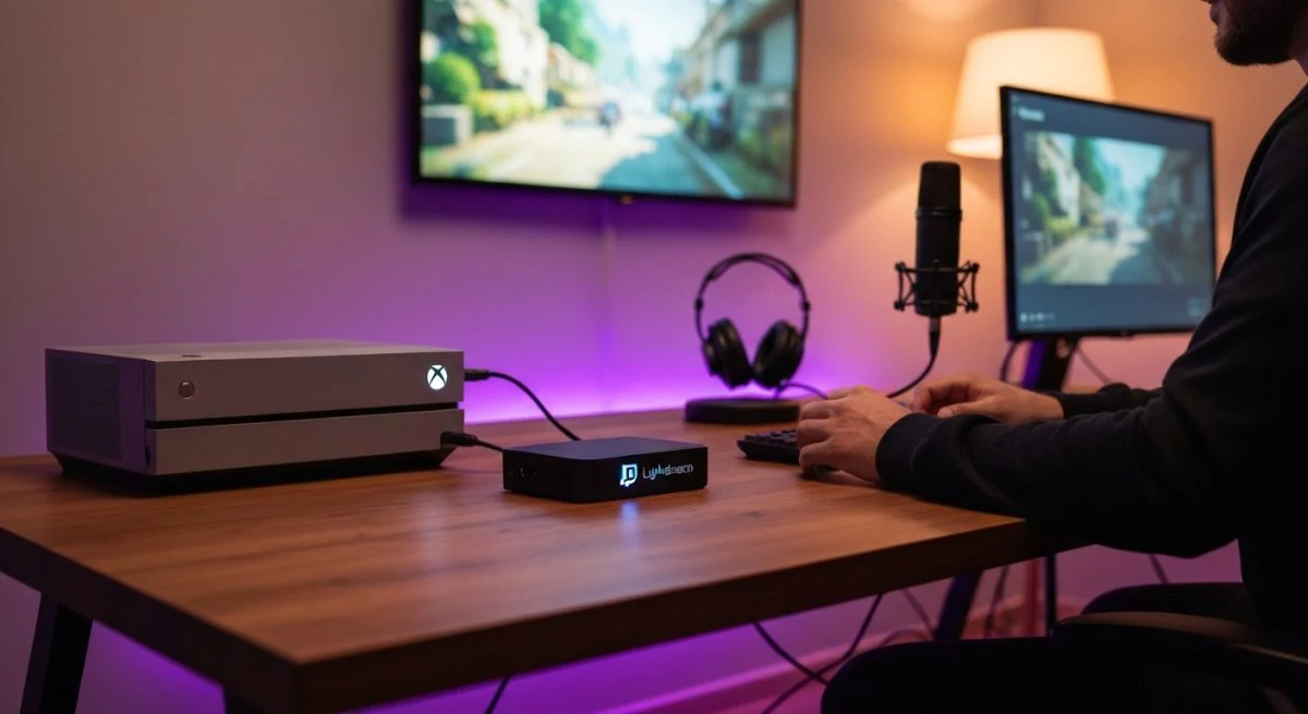 Streamer en escritorio de madera con Xbox captura Twitch Lightstream