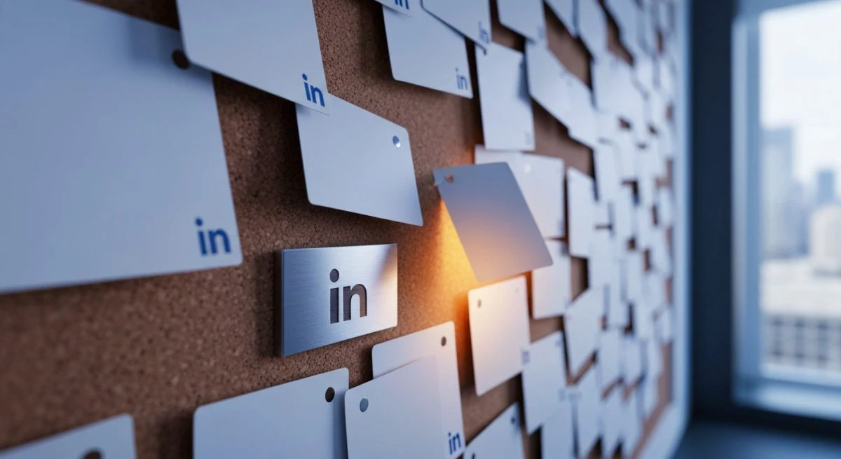 Tablero de corcho con tarjetas LinkedIn tarjeta retirada logo in