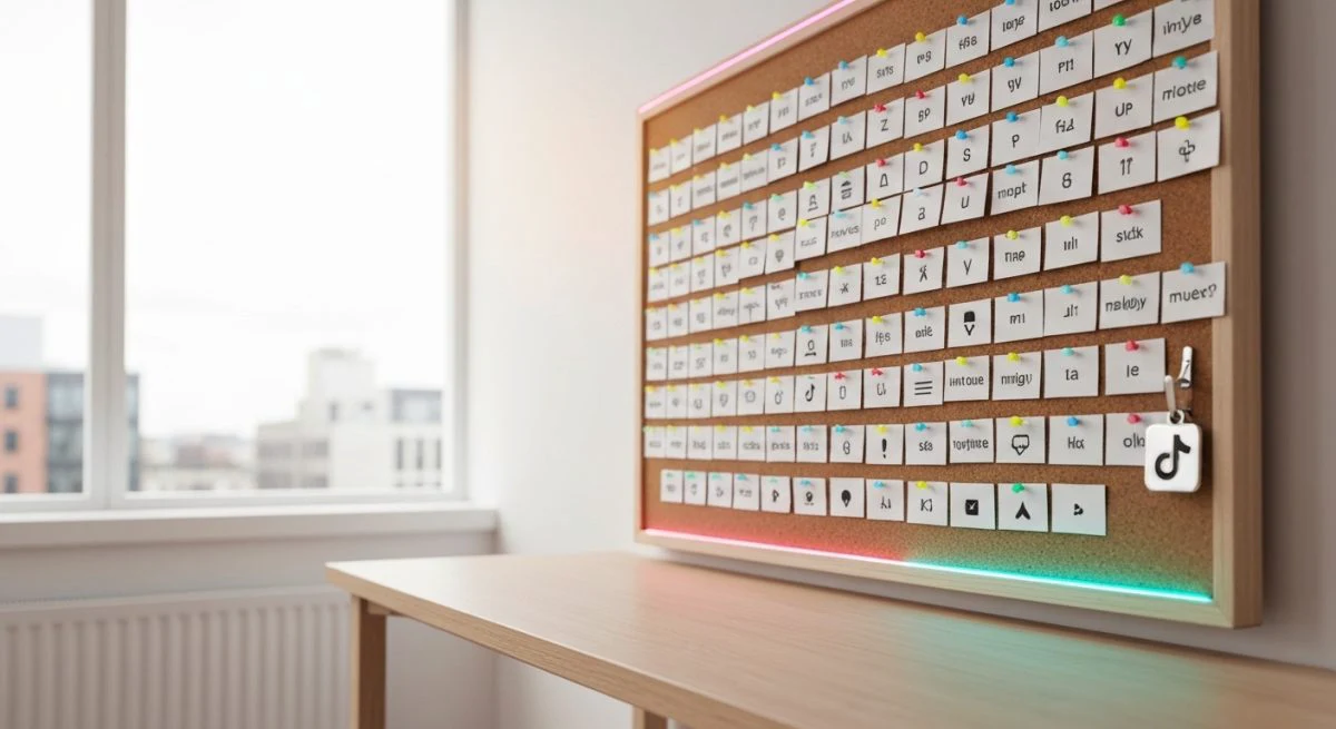 Tablero de corcho con tarjetas símbolo TikTok y logo TikTok