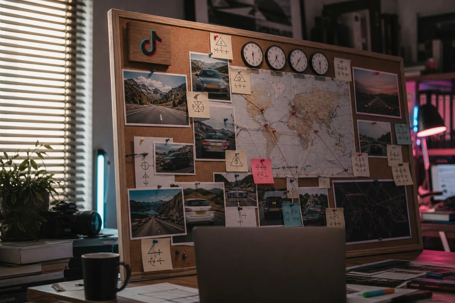 Tablero de investigación con mapas fotos pistas y logo de TikTok