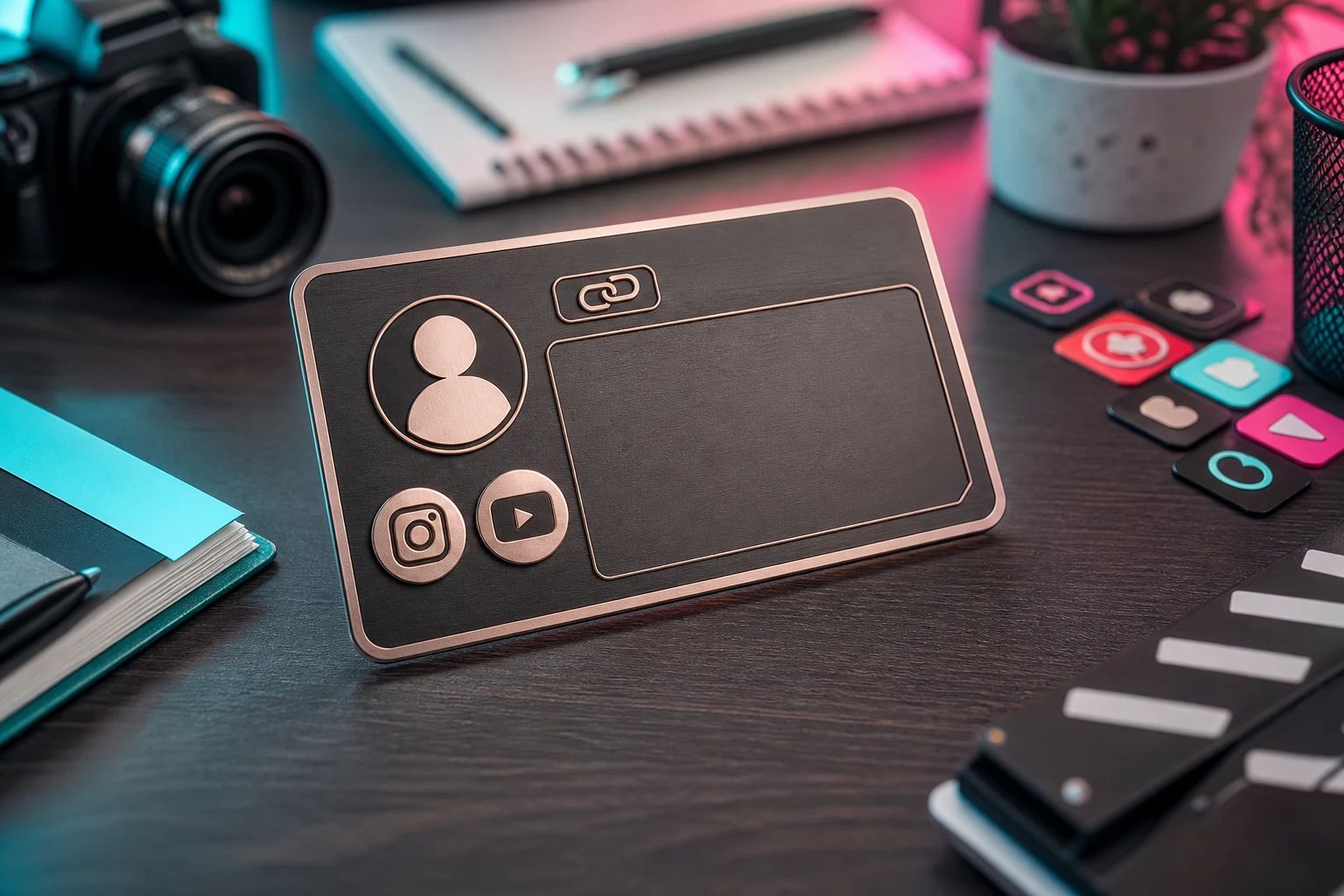 Tarjeta de perfil creativo con iconos grabados de Instagram YouTube y TikTok
