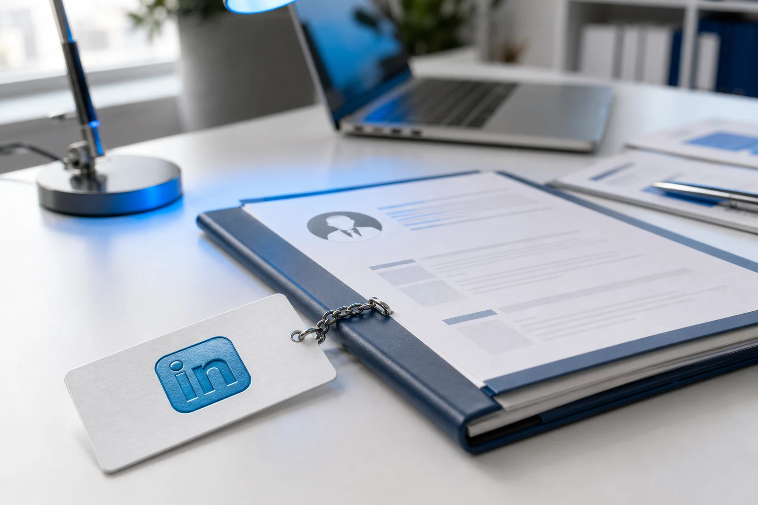 Tarjeta LinkedIn azul vinculada a currículum mediante cadena metálica en escritorio blanco