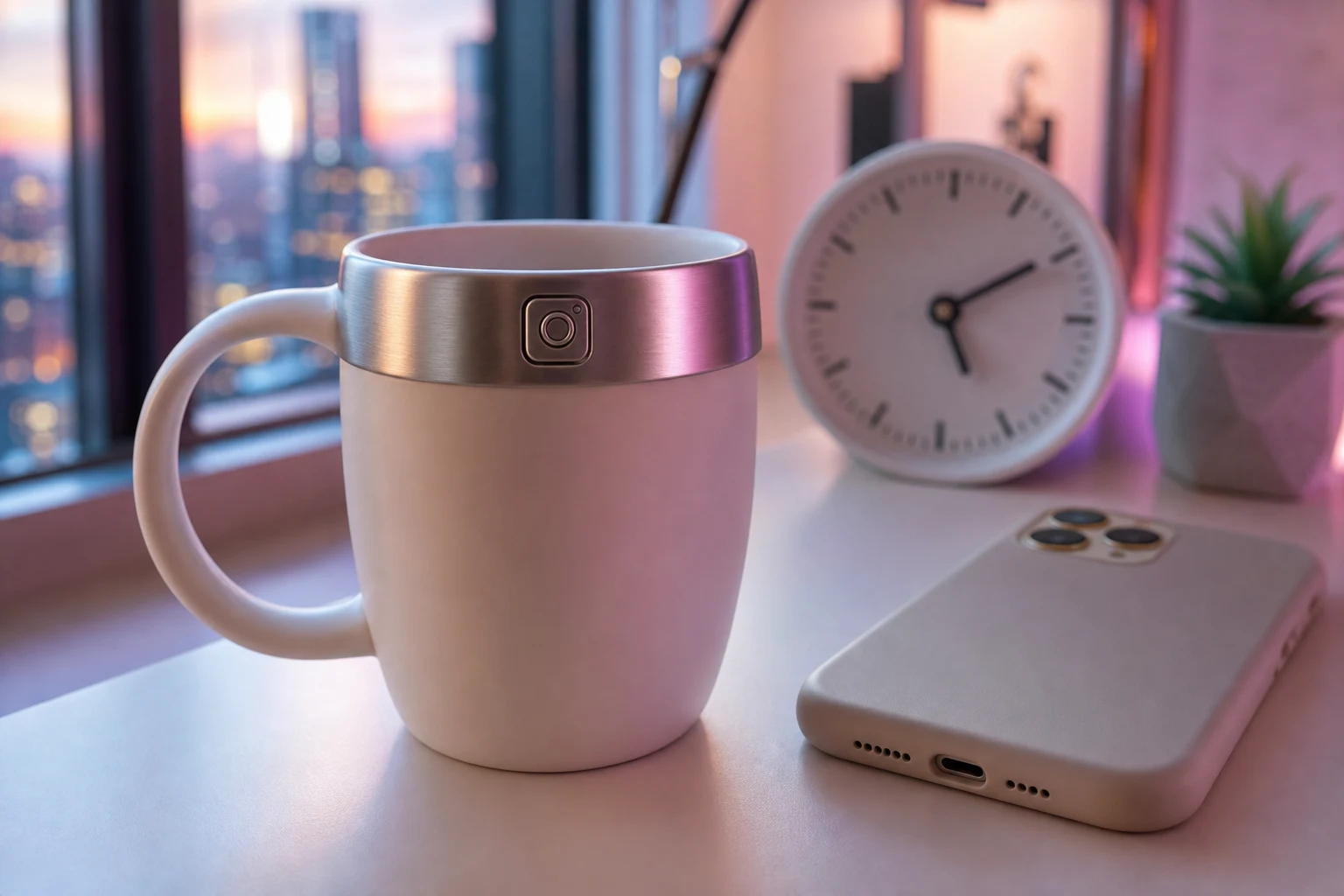 Taza blanca con grabado logotipo Instagram en aro metalico
