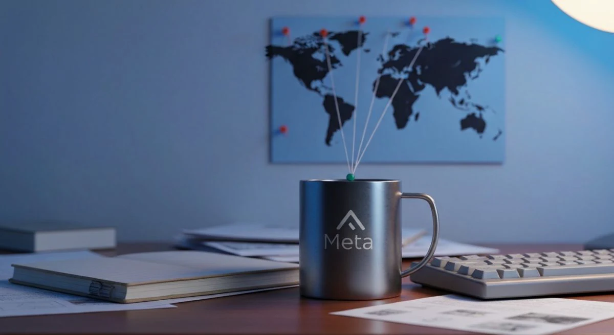 Taza de metal con logo Meta junto a cuaderno y mapa