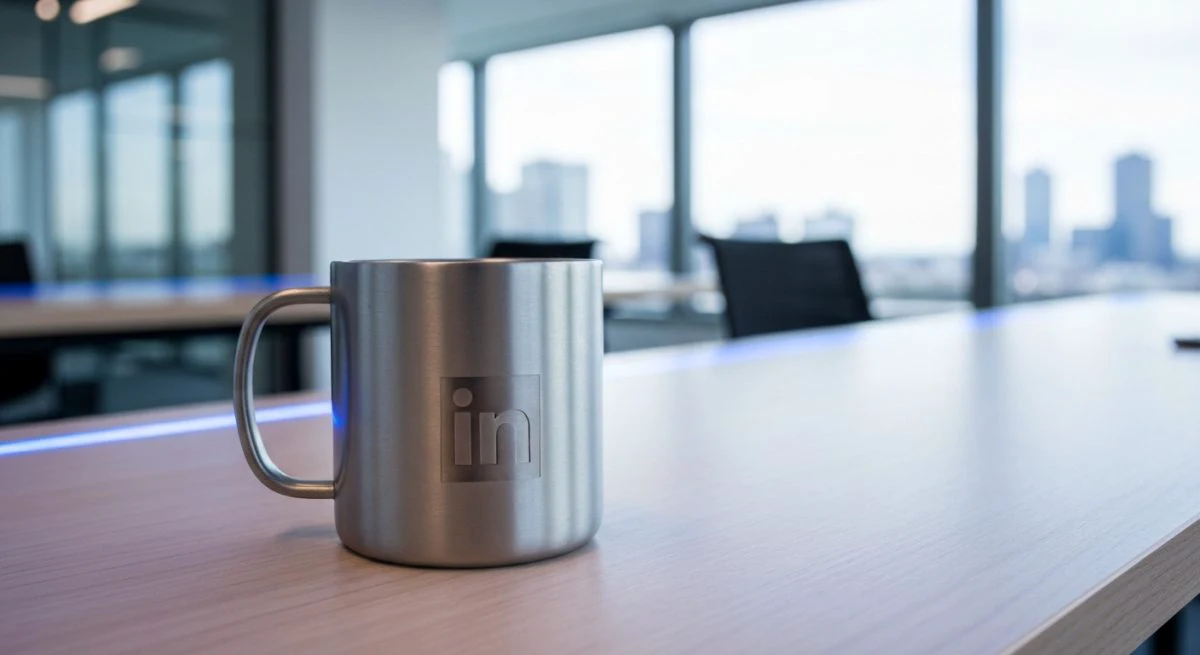 Taza de metal con logo minimalista de LinkedIn en escritorio