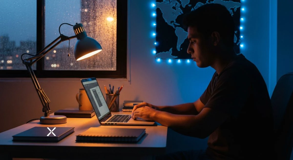 Tecnólogo en escritorio venezolano con laptop y lámpara X logo