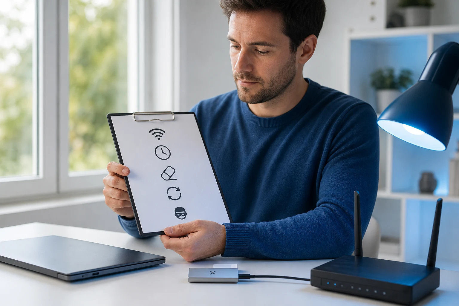 Tecnólogo tranquilo observa hub USB C con logotipo X iluminado