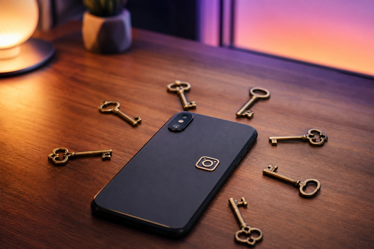 Teléfono boca abajo rodeado de siete llaves vintage con Instagram