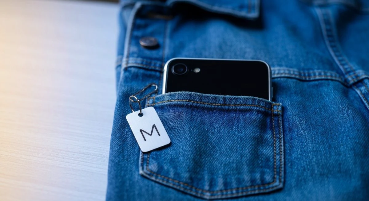 Teléfono en bolsillo de chaqueta vaquera azul con etiqueta Meta