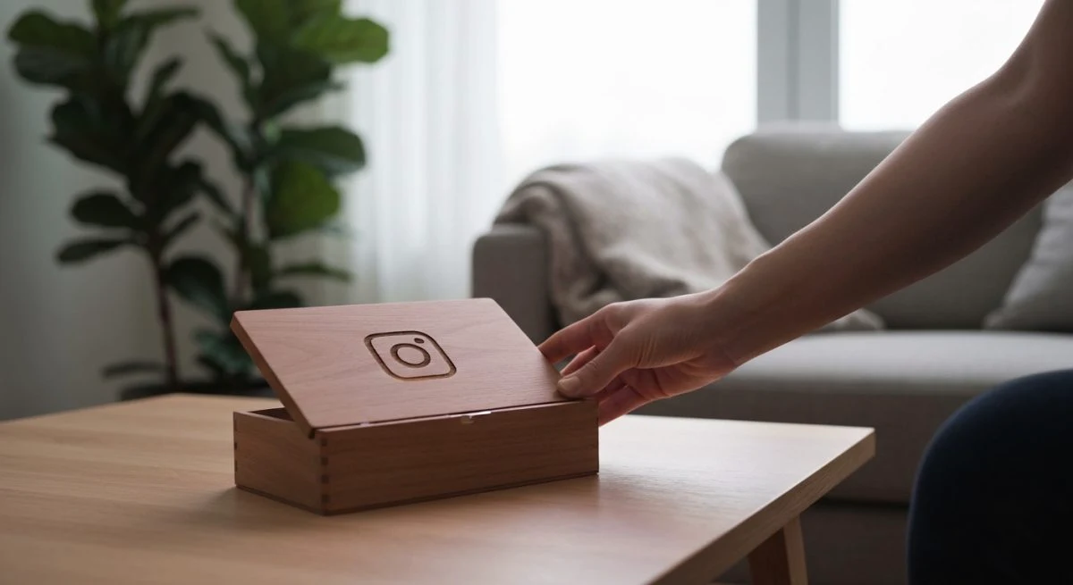 Telefono en caja de madera con logo Instagram grabado