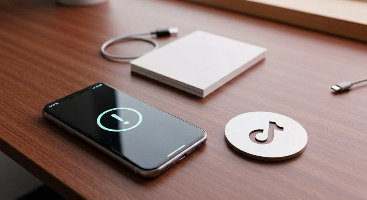 Teléfono en escritorio de madera muestra símbolo de advertencia TikTok