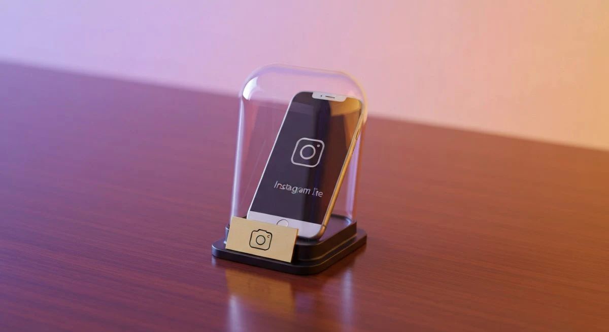 Teléfono Instagram Lite en cápsula de vidrio sobre madera pulida