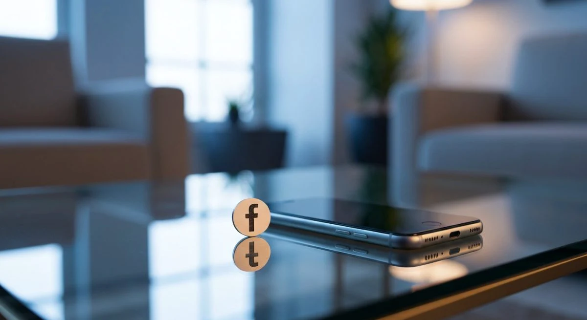 Teléfono inteligente junto al logotipo circular de Facebook en sala