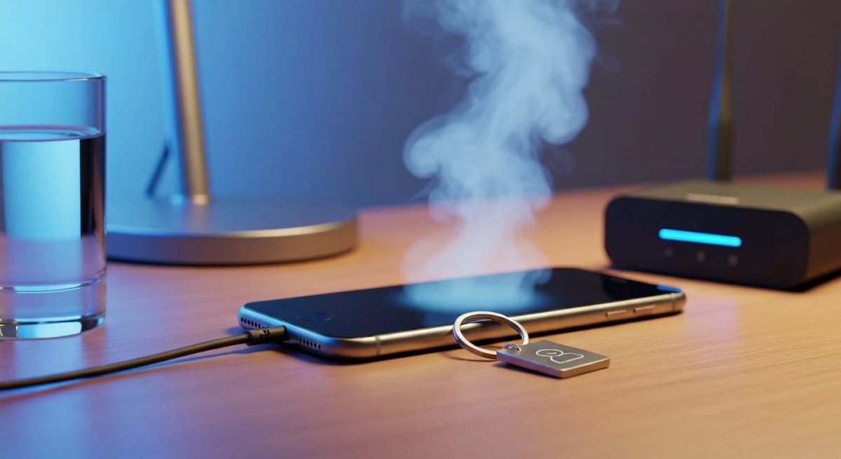 Teléfono moderno sobre escritorio con llavero grabado icono social