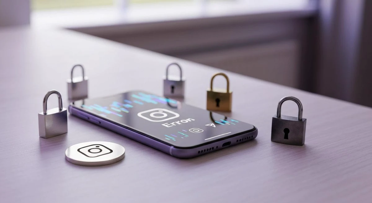 Teléfono sobre escritorio claro con insignia Instagram y tres candados