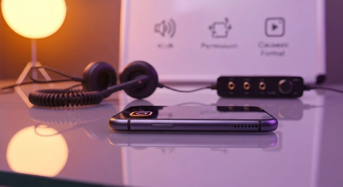 Teléfono sobre mesa de vidrio con insignia Instagram y auriculares
