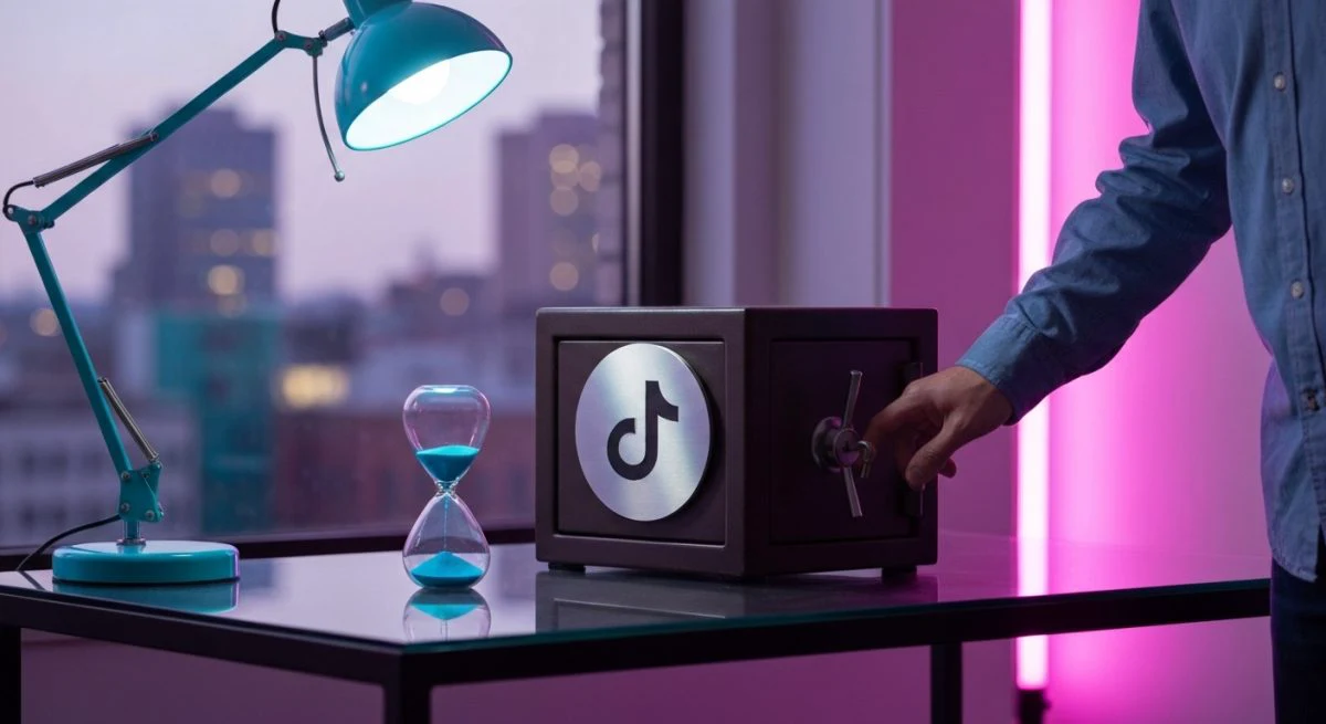 TikTok logo en placa de caja fuerte antigua sobre mesa
